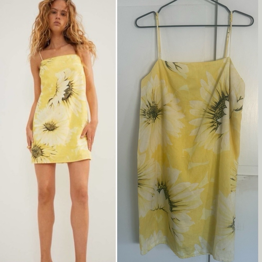 H&M Yellow Sunflower Dress Womens Small Linen Mini Short Spaghetti Strap Summer